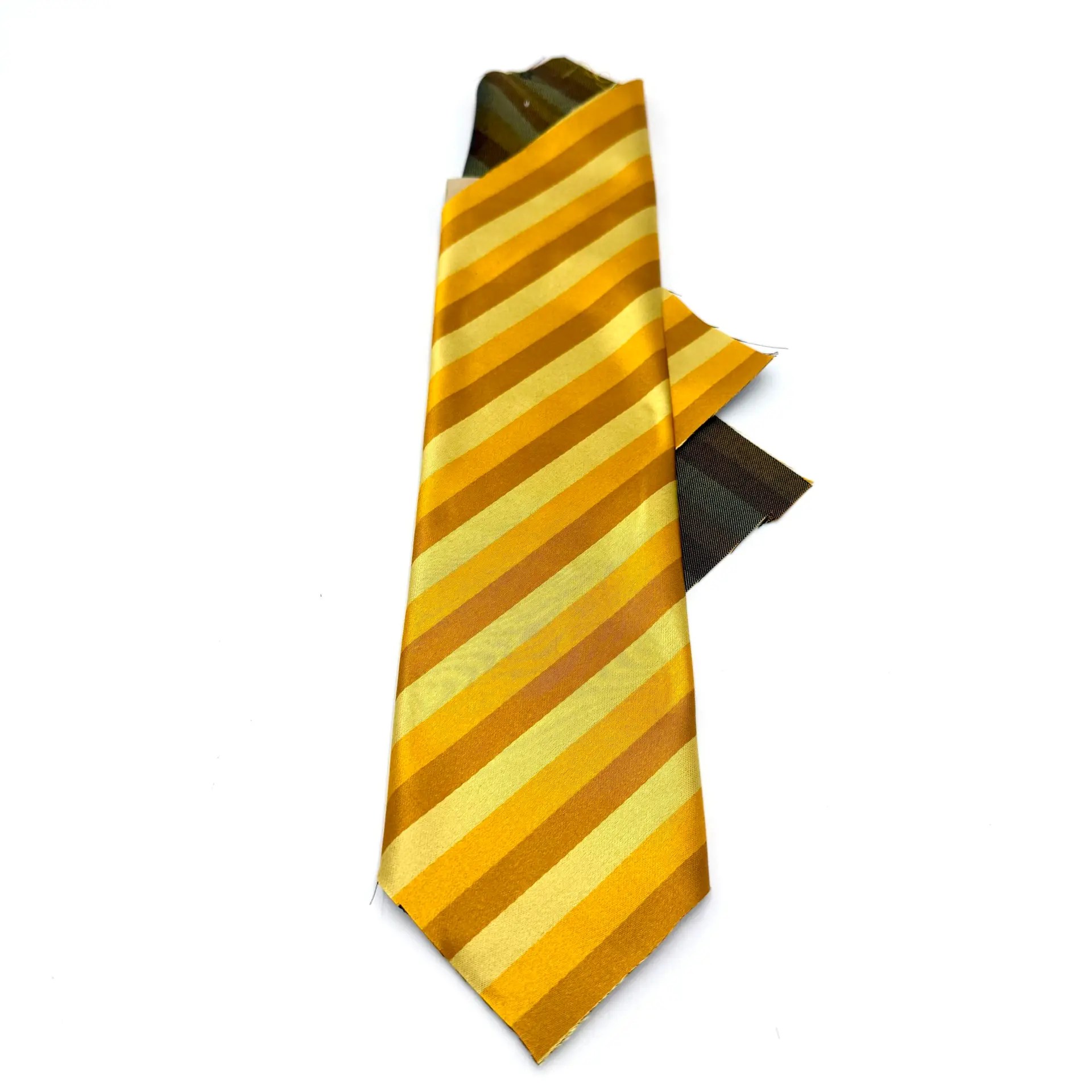 Custom yellow stripe pattern woven silk tie fabric draped in luminous golden diagonal stripes.