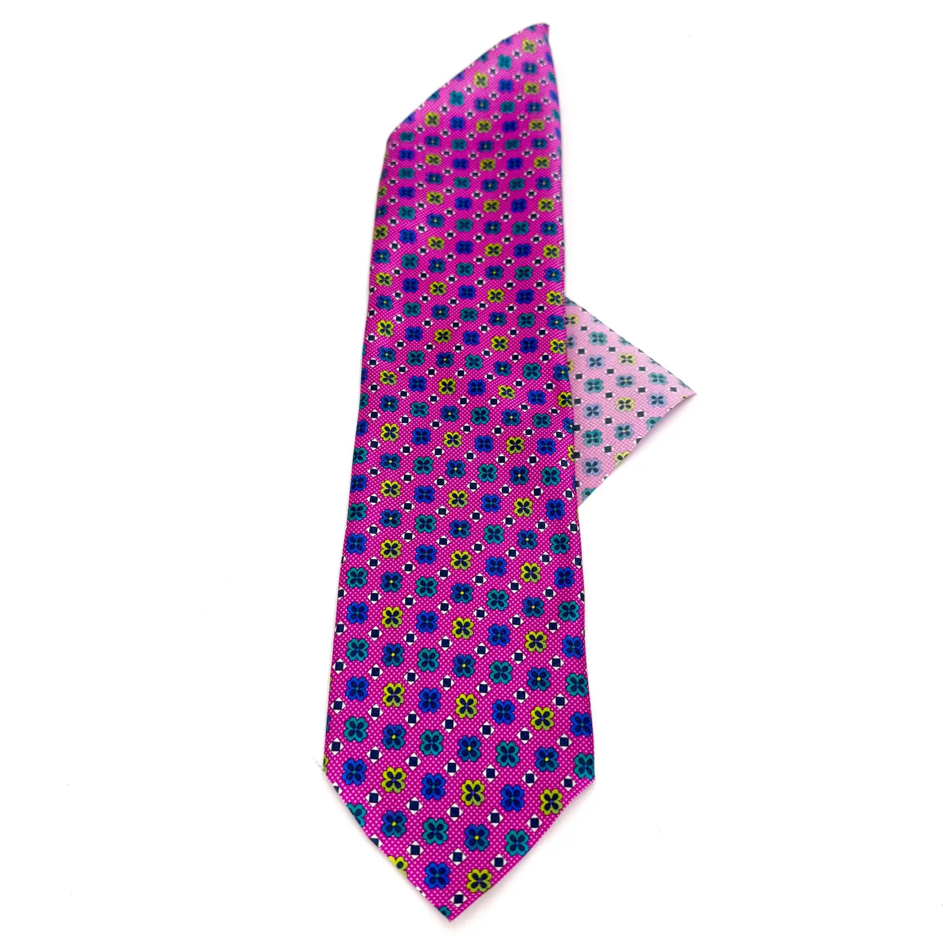Custom pink geo pattern silk tie fabric blade with blue and lime green geometric florets handmade in Italy.
