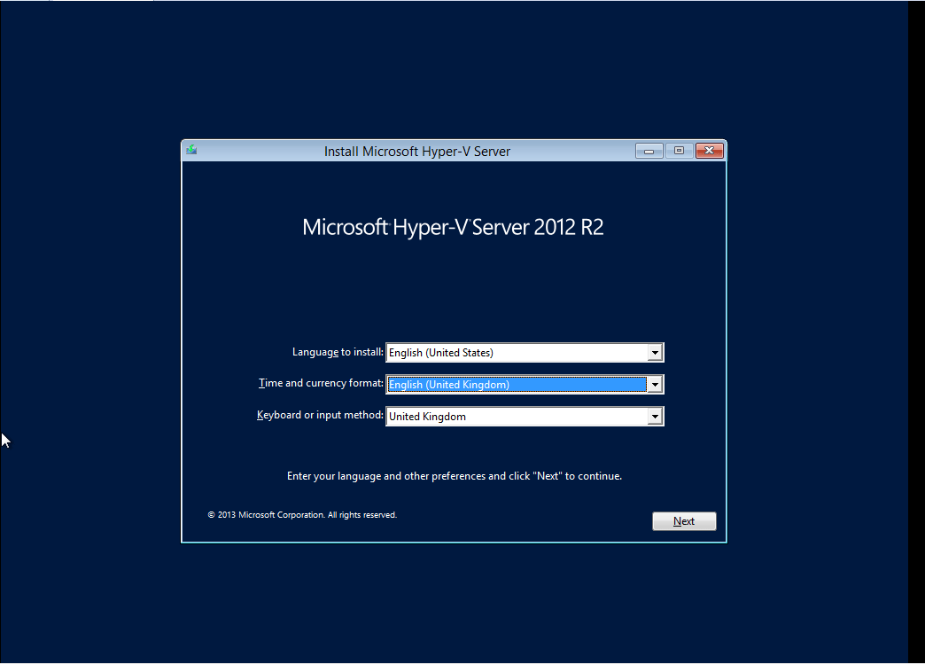 Hyper-V Server 2012 R2 Core installation