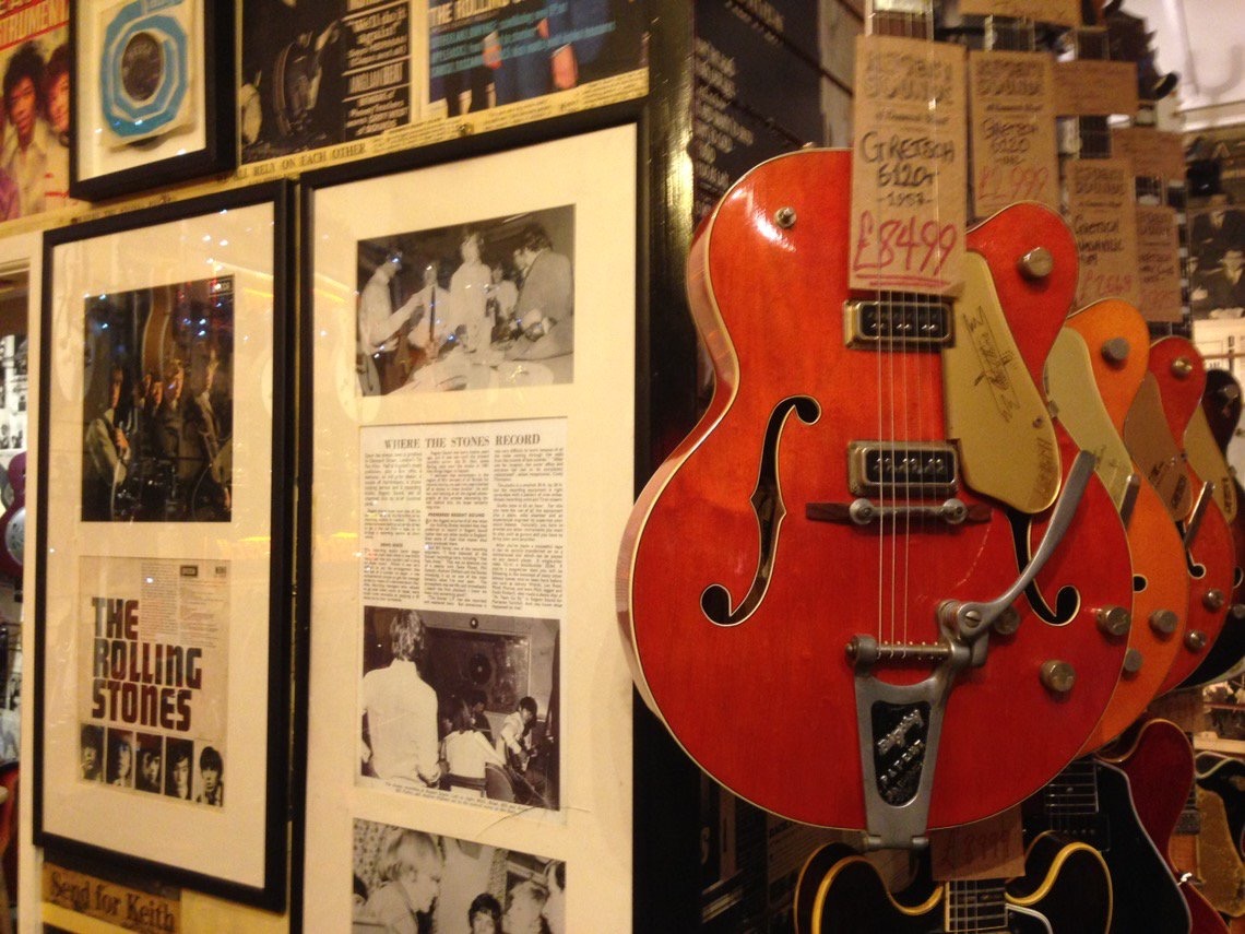 guitars hanging up in regent sounds shop in denmark street london