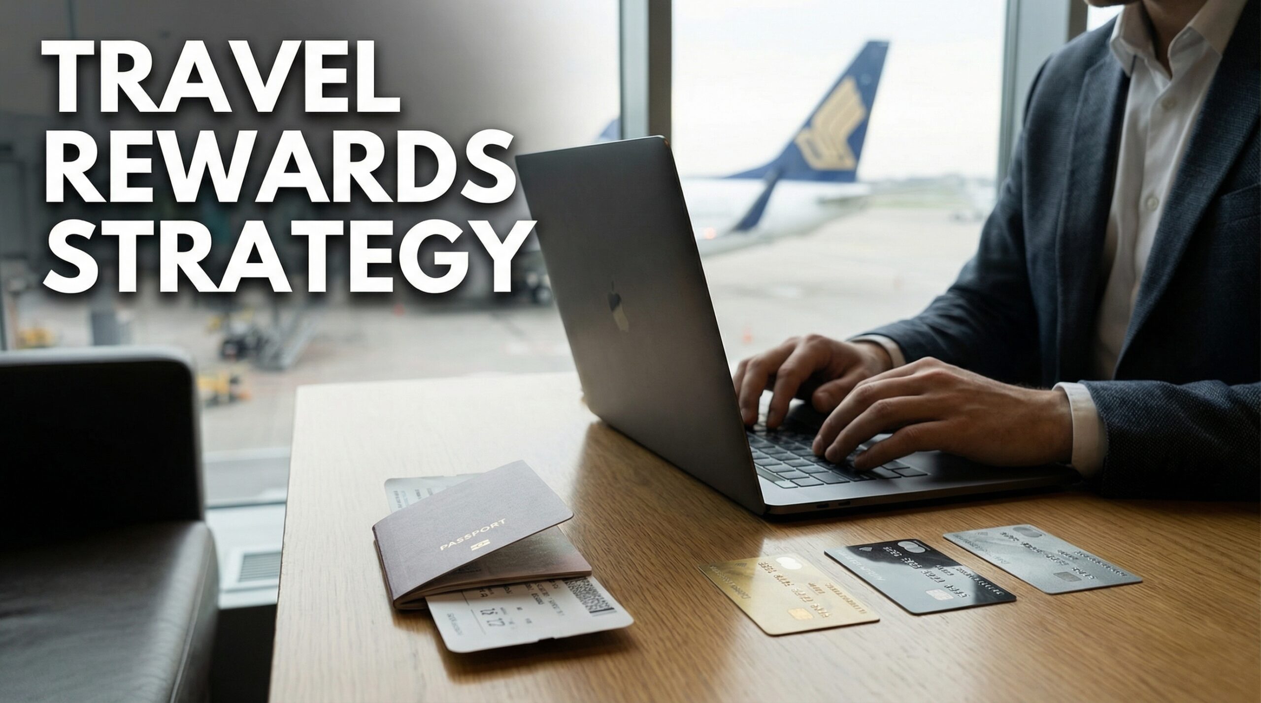 freelancer working in airport lounge with travel credit cards and laptop