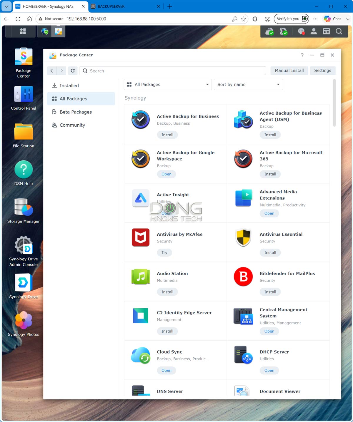 Synology DSM web based user interface with Package Center