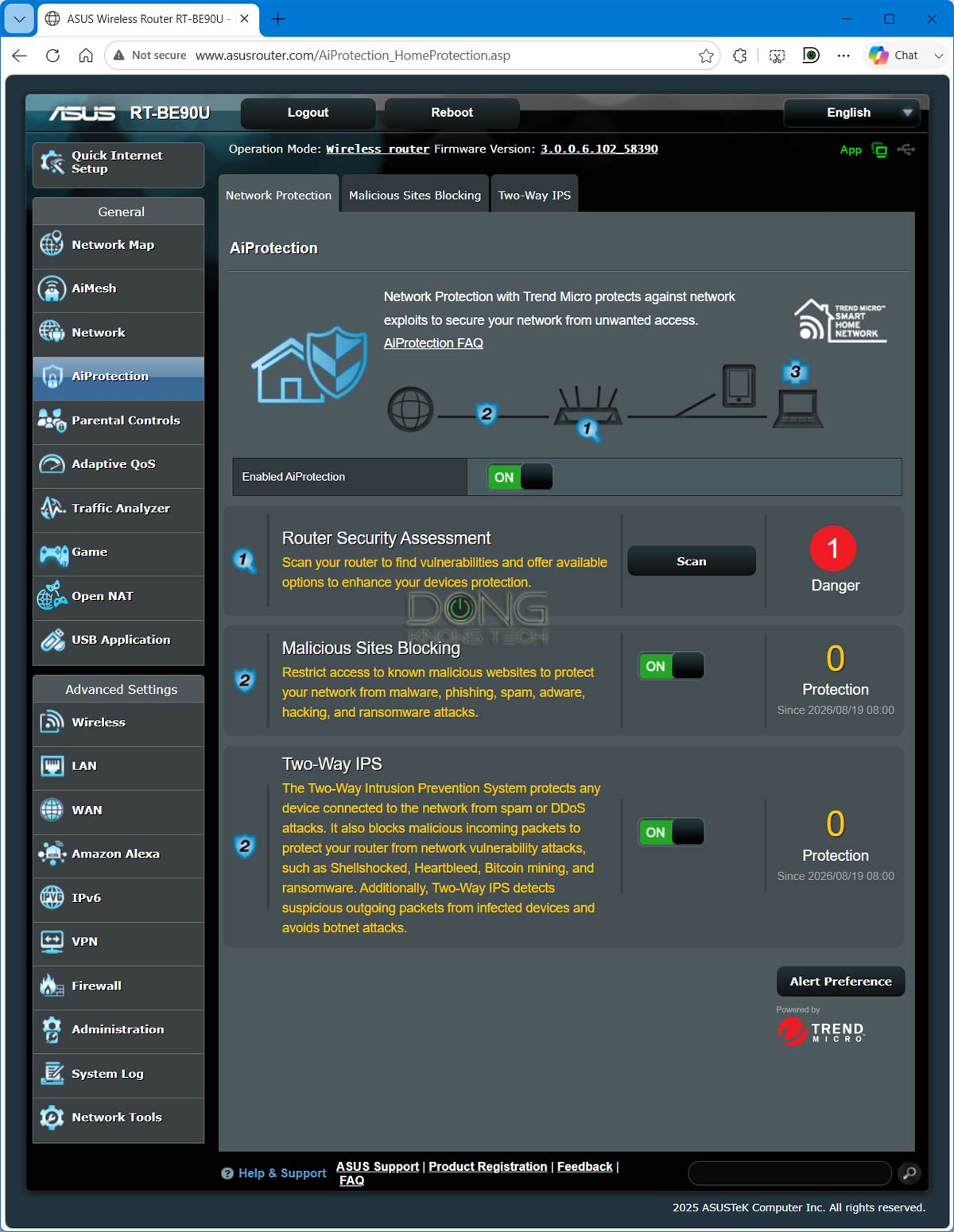The ASUS RT-BE90U's AiProtection feature is a bit stripped down lacking the Infected Device Prevention and Blocking function