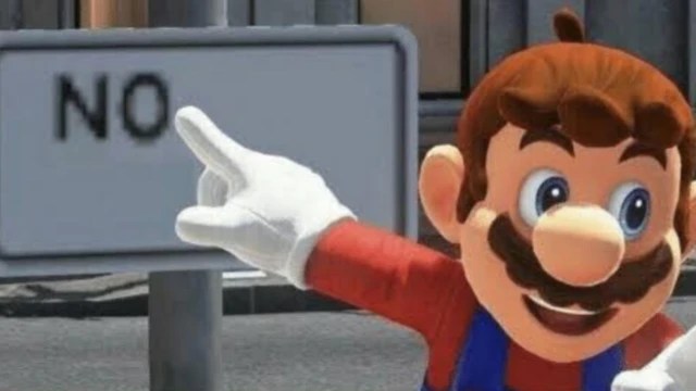 Nintendo's Mario Bros. from Mario Odyssey pointing at a 'no' sign illustrating that expats cannot apply for Mexican health insurance during the residency process or Canje