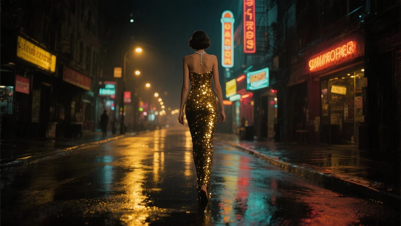 Cinematic night scene of an elegant woman in a sequin dress walking down a wet, neon-lit city street, exuding mystery and luxury.