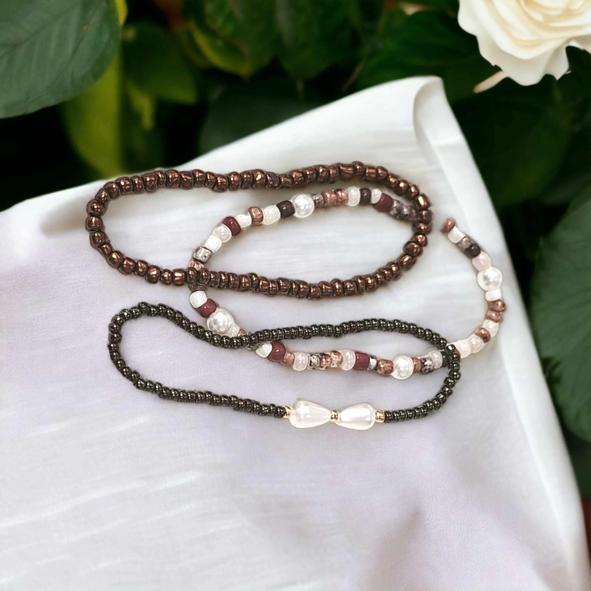 Handmade Seed Bead Bracelet Set: Brown Glass Pearl Stacking Bracelets