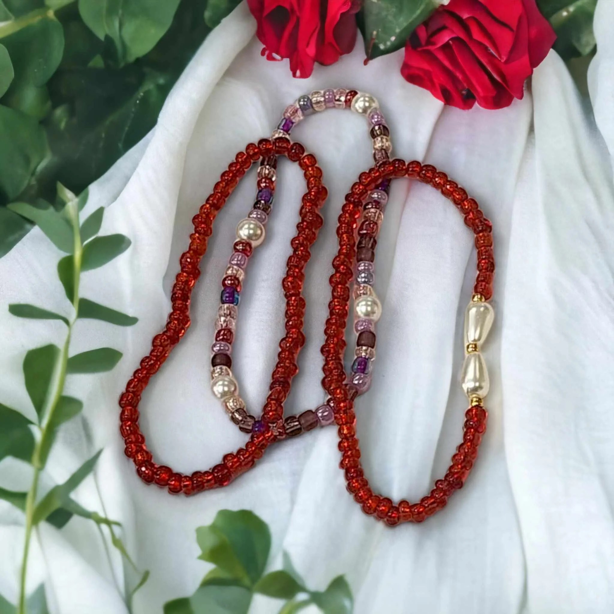 Handmade Seed Bead Bracelet Set: Red Glass Pearl Stretch Bracelets