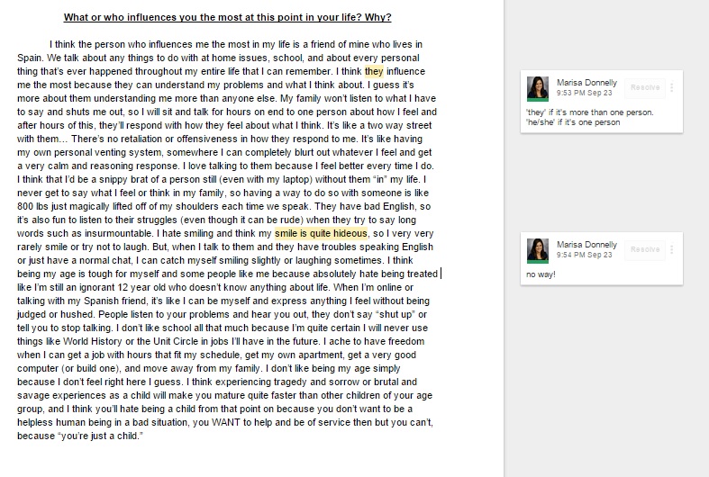 Journal 2, Student Example. I was able to write comments back and forth with the students.