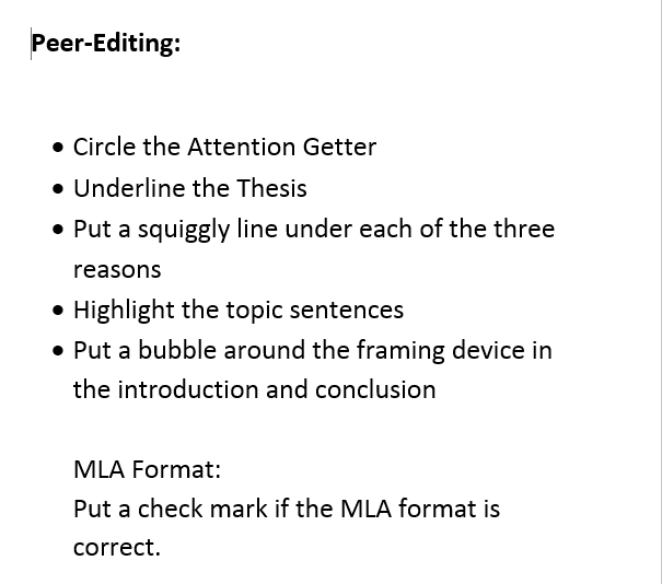 Peer-editing for the Old Man and the Sea papers--gives ownership and responsibility while encouraging students to work together.