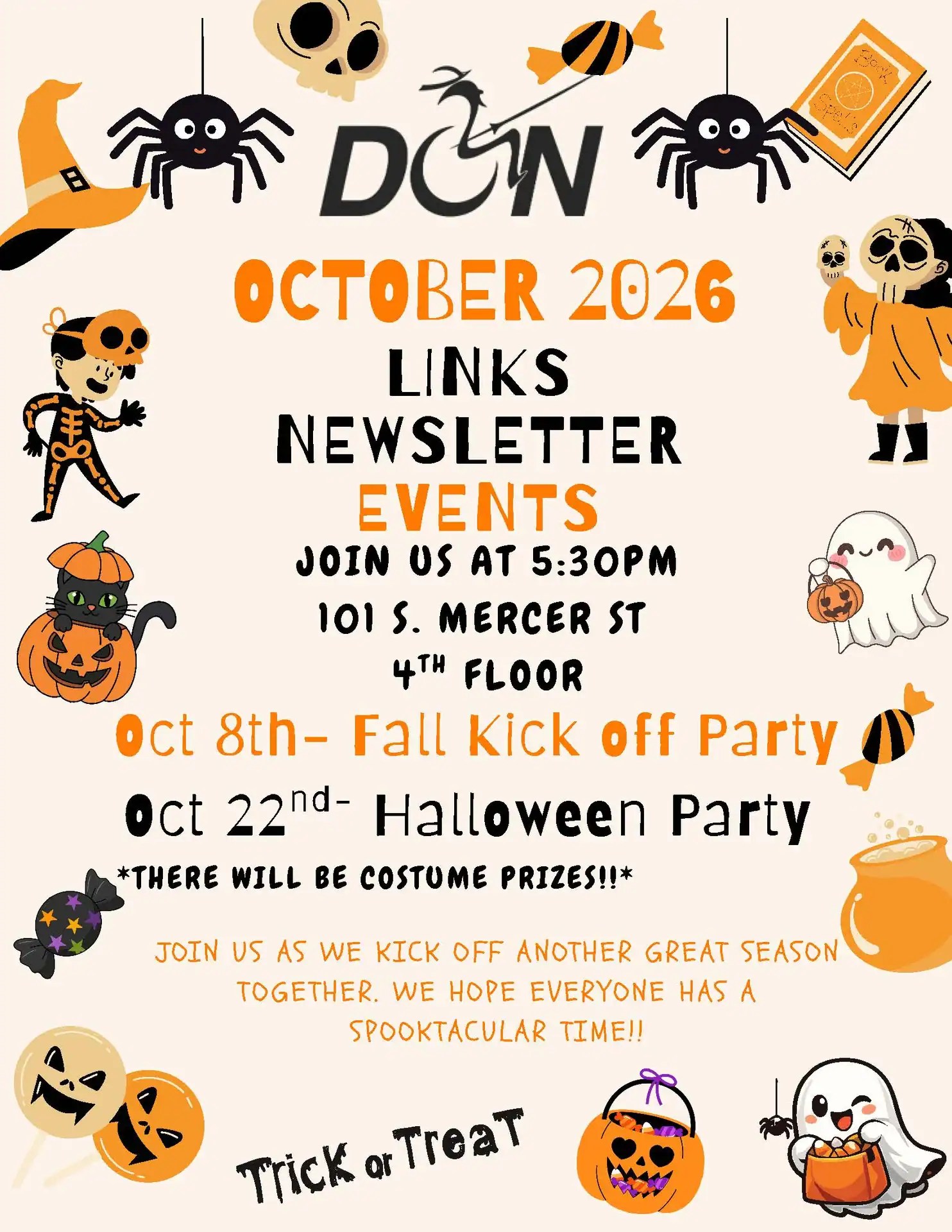 Halloween-themed event poster with spiders, skulls, pumpkins, and ghosts for October 2026 activities.