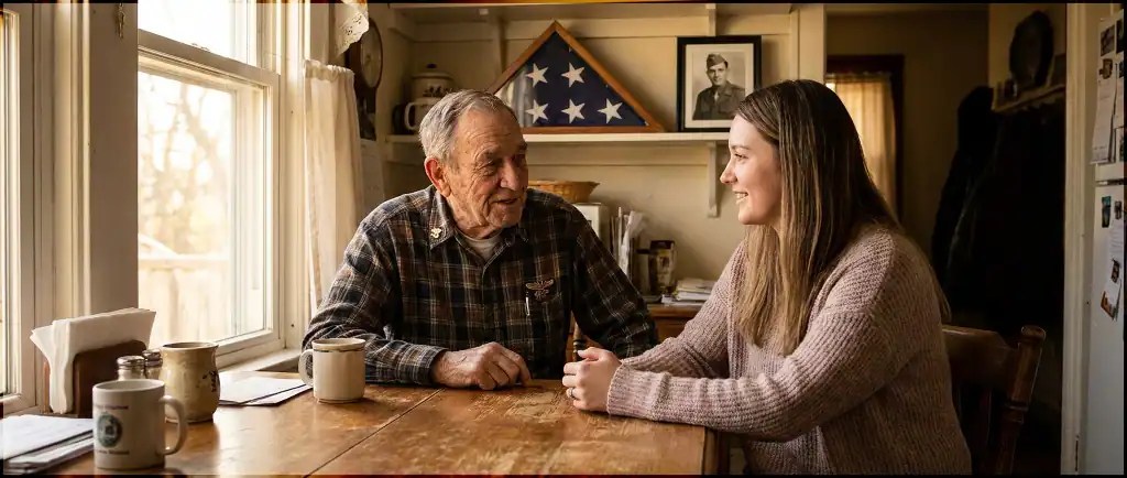 DON Services caregiver visiting with a veteran at his home