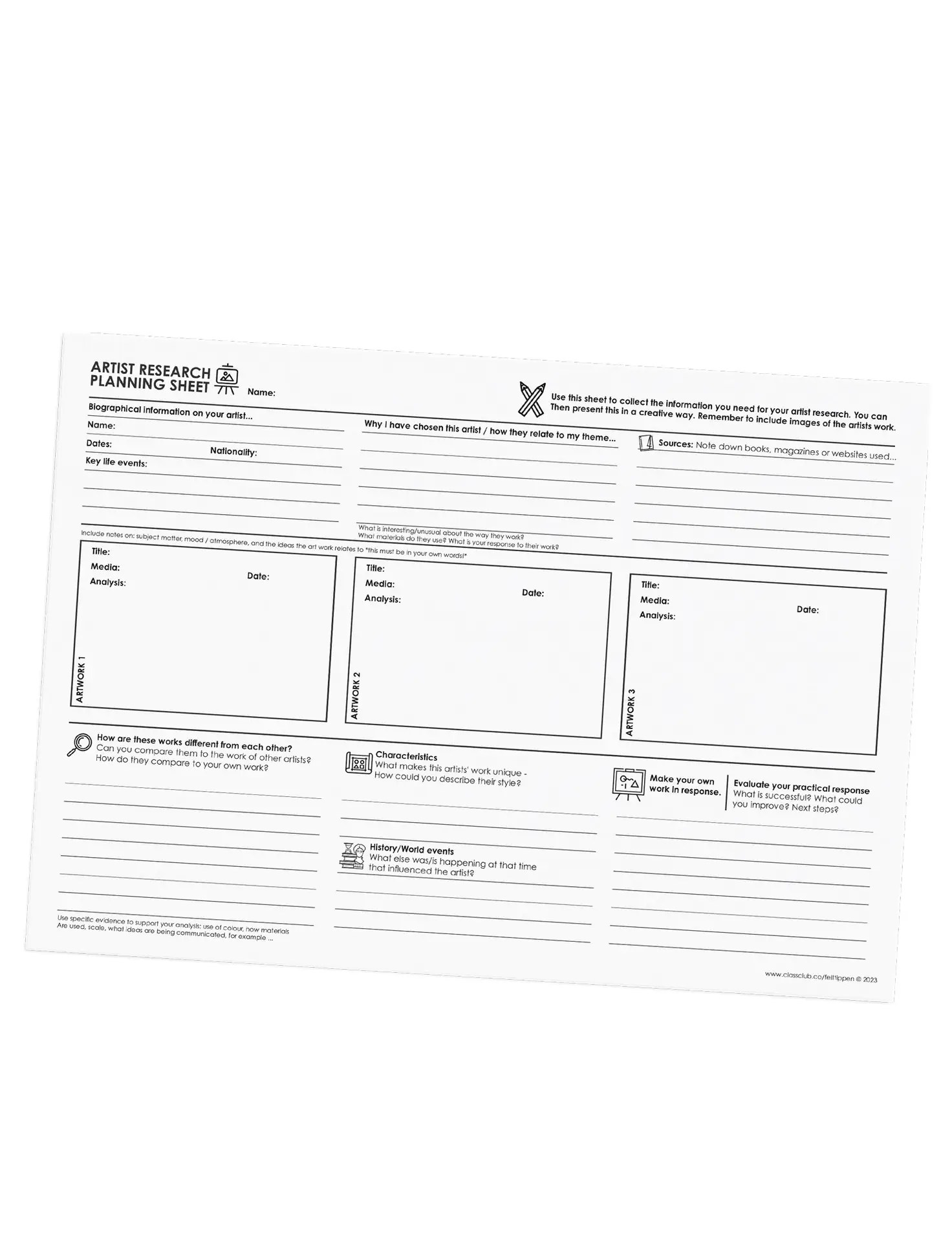 Detailed artist research planning handout / template