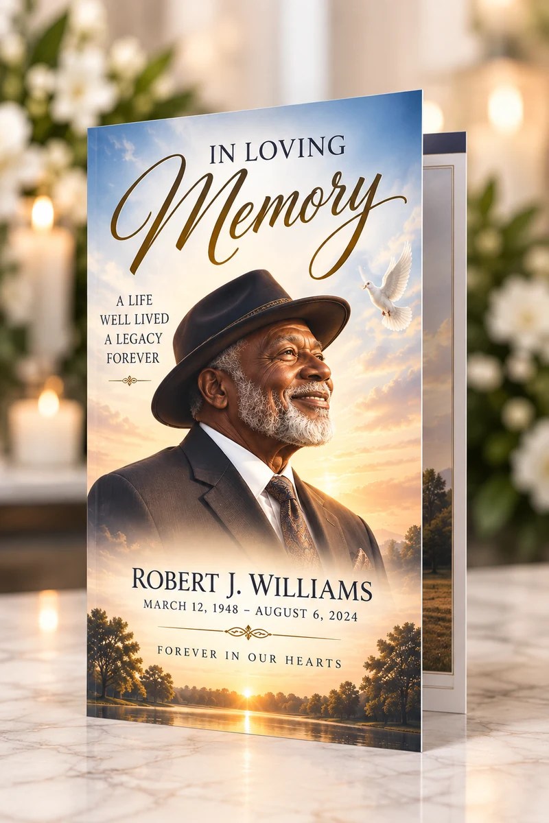 Elegant obituary memorial program featuring a portrait, dove, sunset background, and folded booklet design for funeral printing.