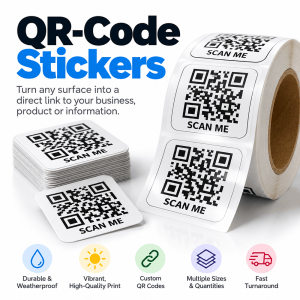 Custom QR code stickers on a roll and in a stack with "Scan Me" labels, printed by Doorstep Printing in Detroit, MI