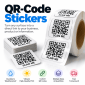 Custom QR code stickers on a roll and in a stack with "Scan Me" labels, printed by Doorstep Printing in Detroit, MI