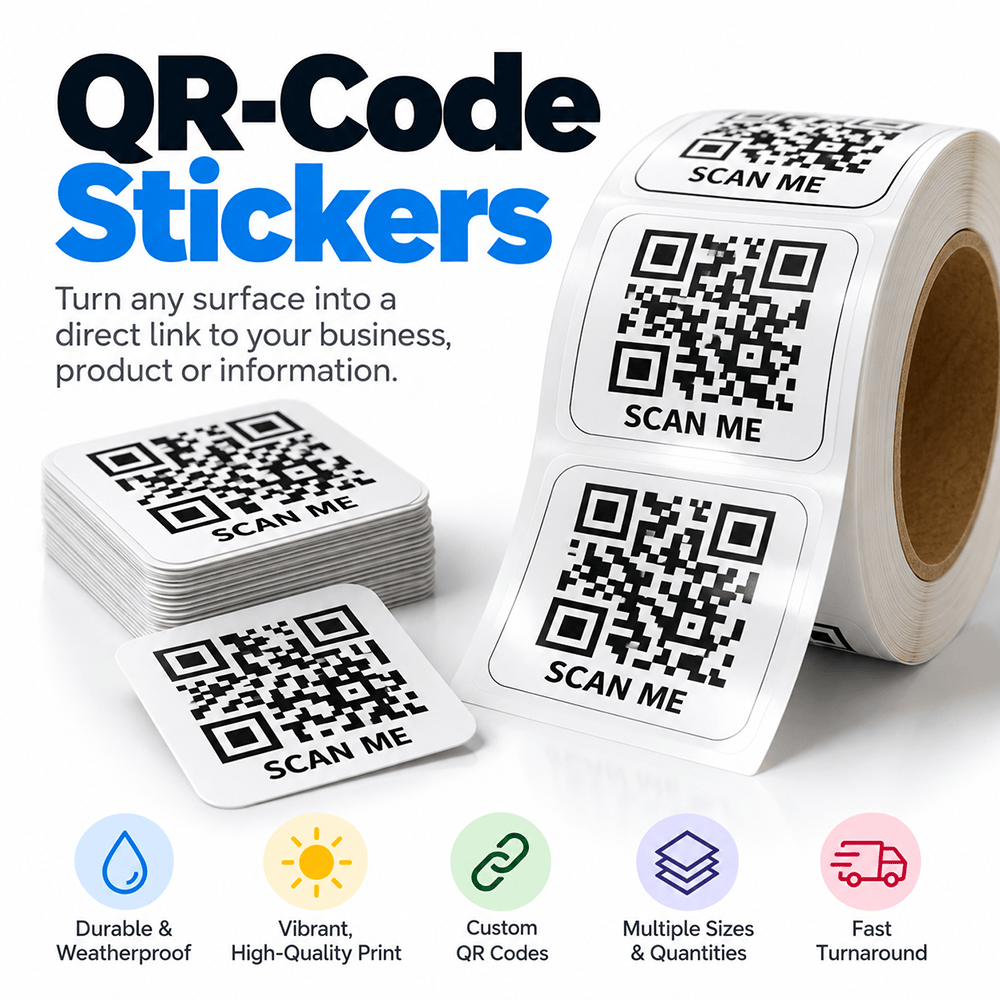 Custom QR code stickers on a roll and in a stack with "Scan Me" labels, printed by Doorstep Printing in Detroit, MI