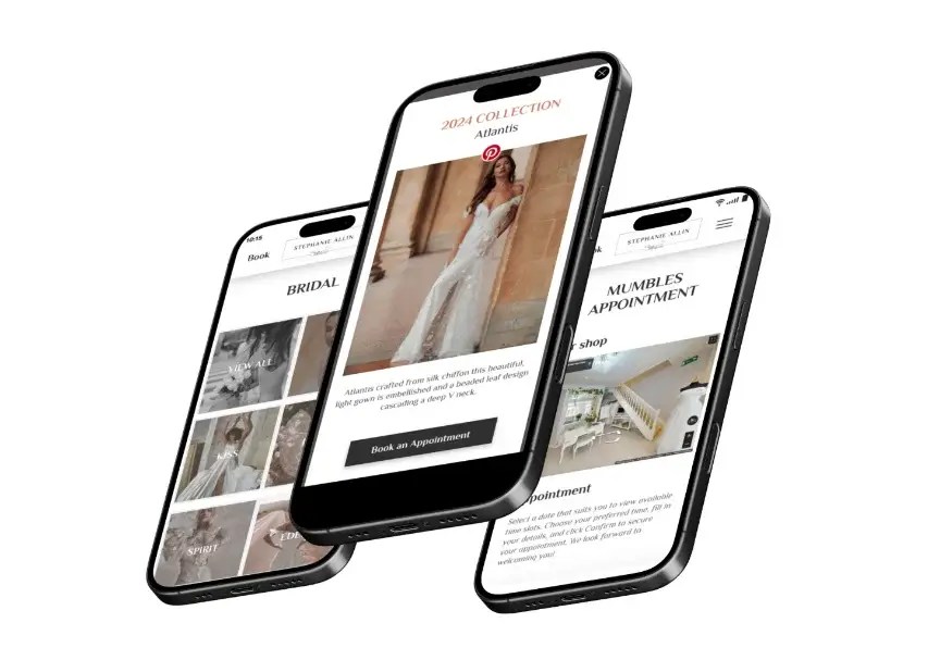 Bridal project feature image of three redesigned mobile mock-up
