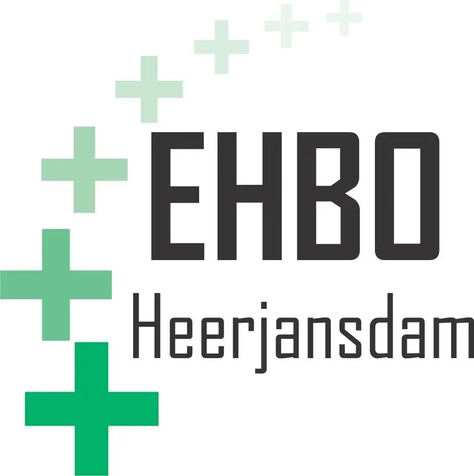logo EHBO Heerjansdam witte ondergrond met grote plustekens in verschillend groen