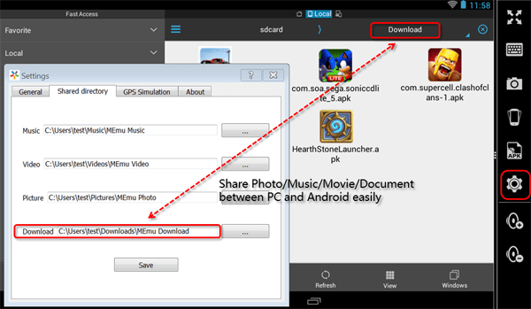 MEmu Android Emulator File sharing