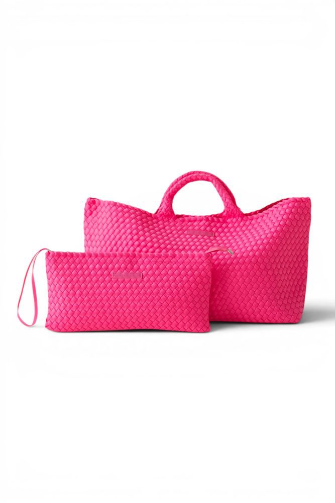 Mahjong Bag - Woven Carryall with Matching Tile Pouch - Bright Pink