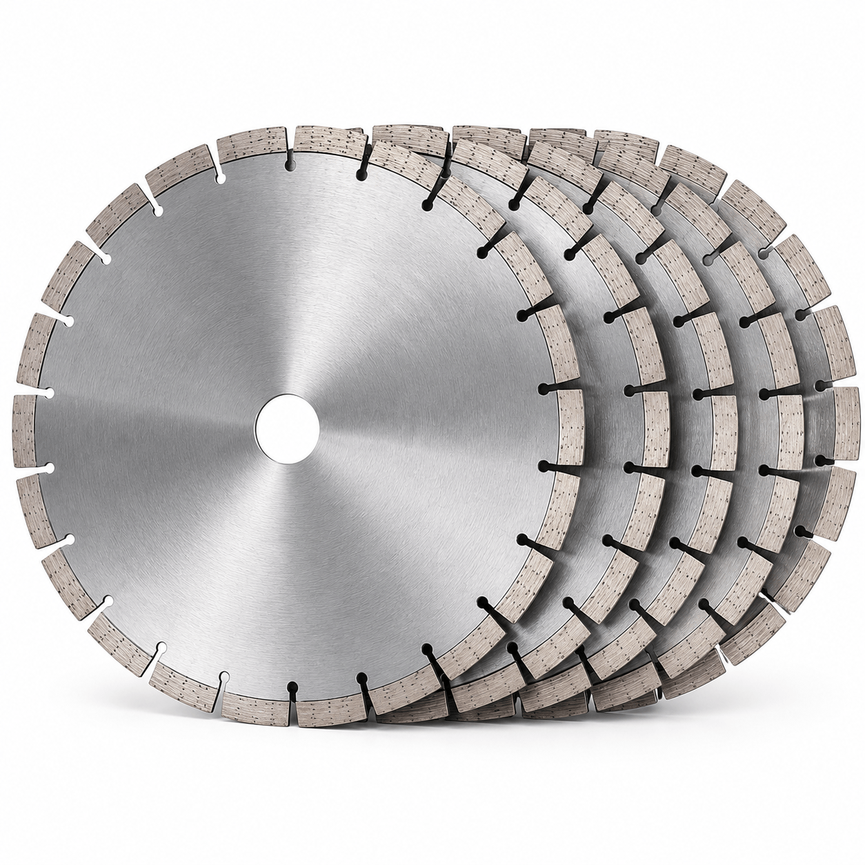 Five-pack of DOT Pro 14-inch cured concrete diamond blades in bulk contractor packaging