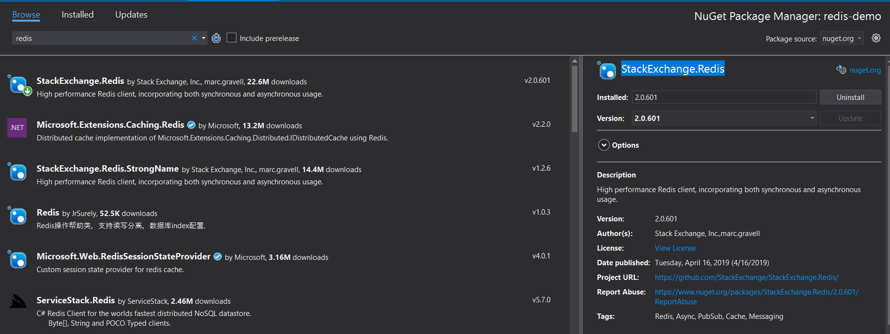 redis cache nuget pcakge