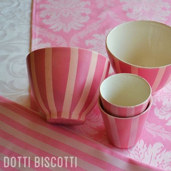Pink & White Striped and Floral table runners with matching striped bowls. Available as requested.