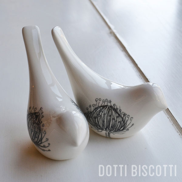 Ceramic Pair of Birds with hand-drawn protea. Available: 12 pairs