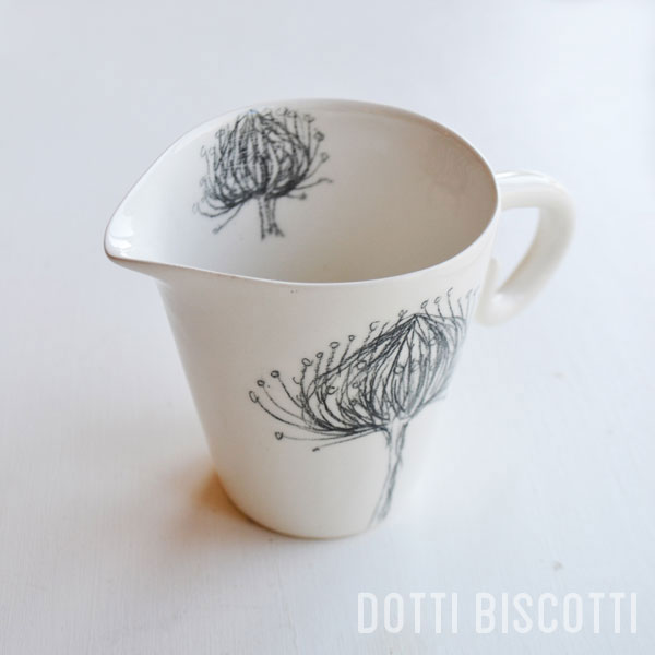 Ceramic Milk Jug with hand-drawn protea. Available: 12 pairs