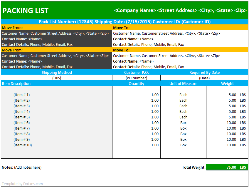 packing list template shipping dotxes