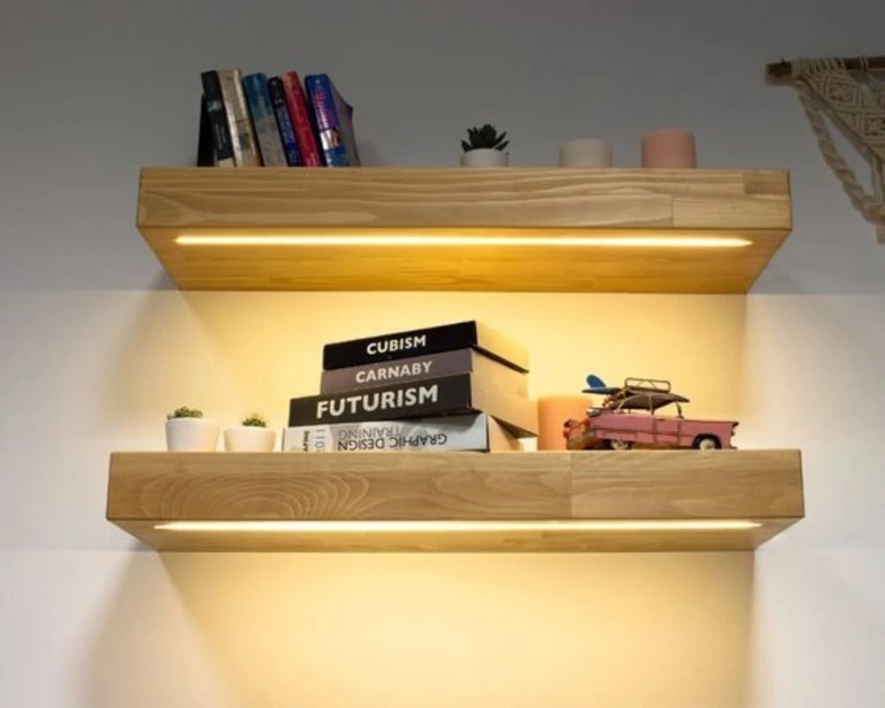 Natural Floating Shelf with LED Lights, Wood Shelf (WS0162).