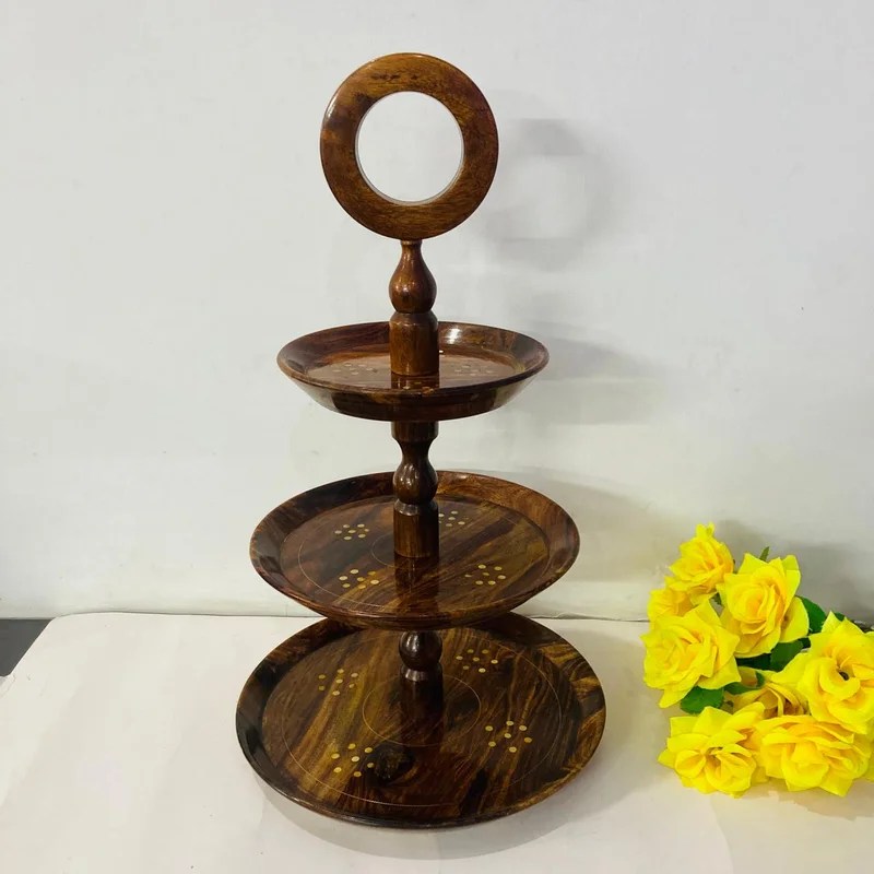 3 Tired Wooden Cake Stand - Brass