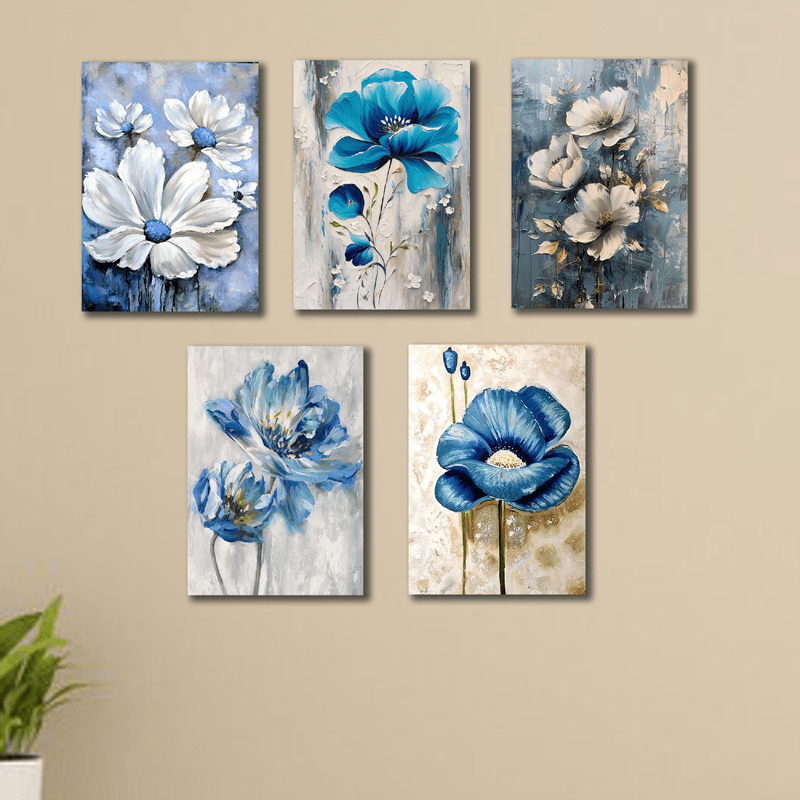 5 Pcs Blue Flower Wooden Tiles