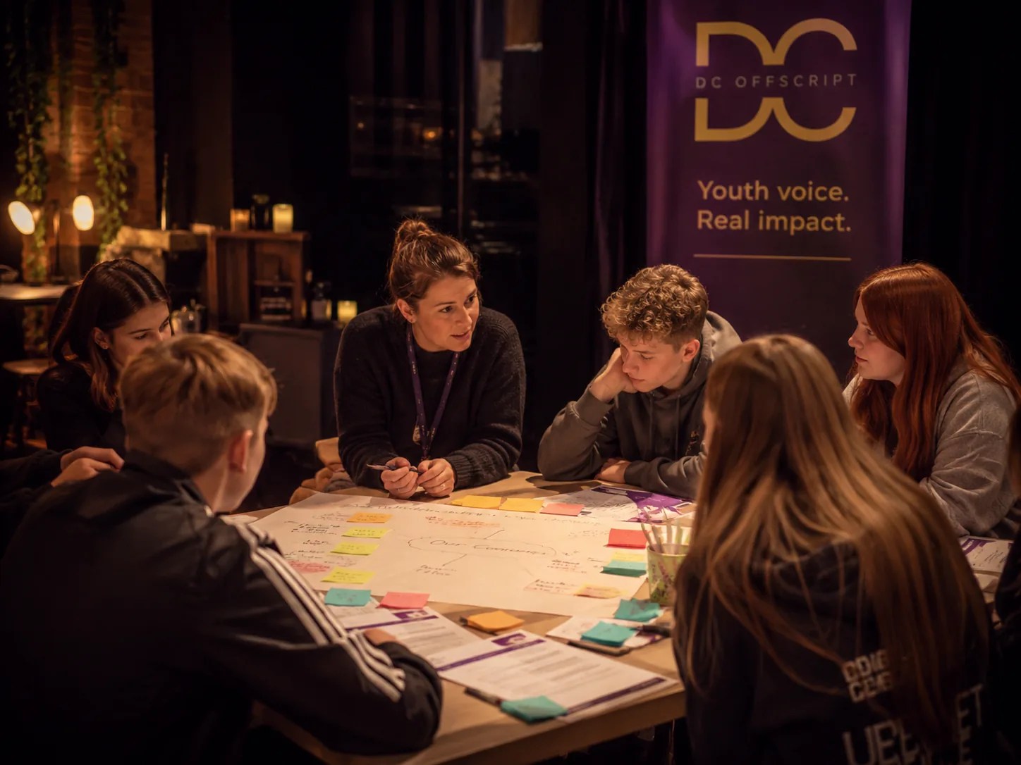 A facilitator listening to young people in a creative workshop