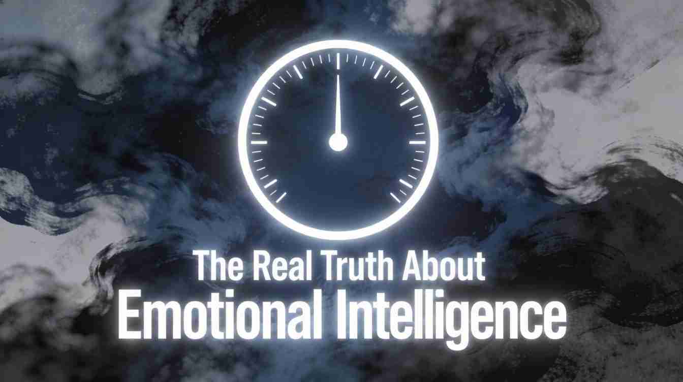 Glowing Circular Clock Icon Above The Bold Title: &Amp;Apos;The Real Truth About Emotional Intelligence&Amp;Apos; On A Smoky Dark Background, Like A Video Thumbnail.