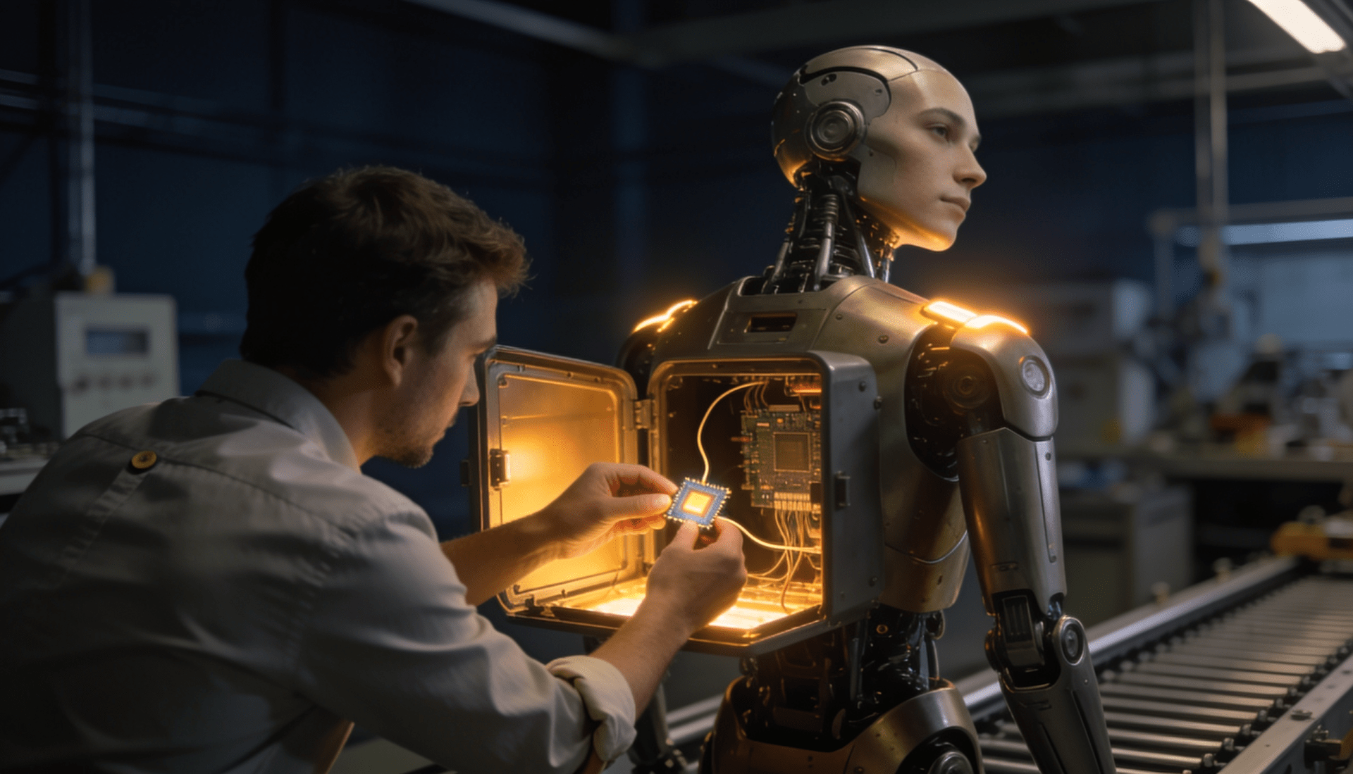 Engineer Repairing A Humanoid Robot With An Open Tech Chest Glowing Orange In A Lab.