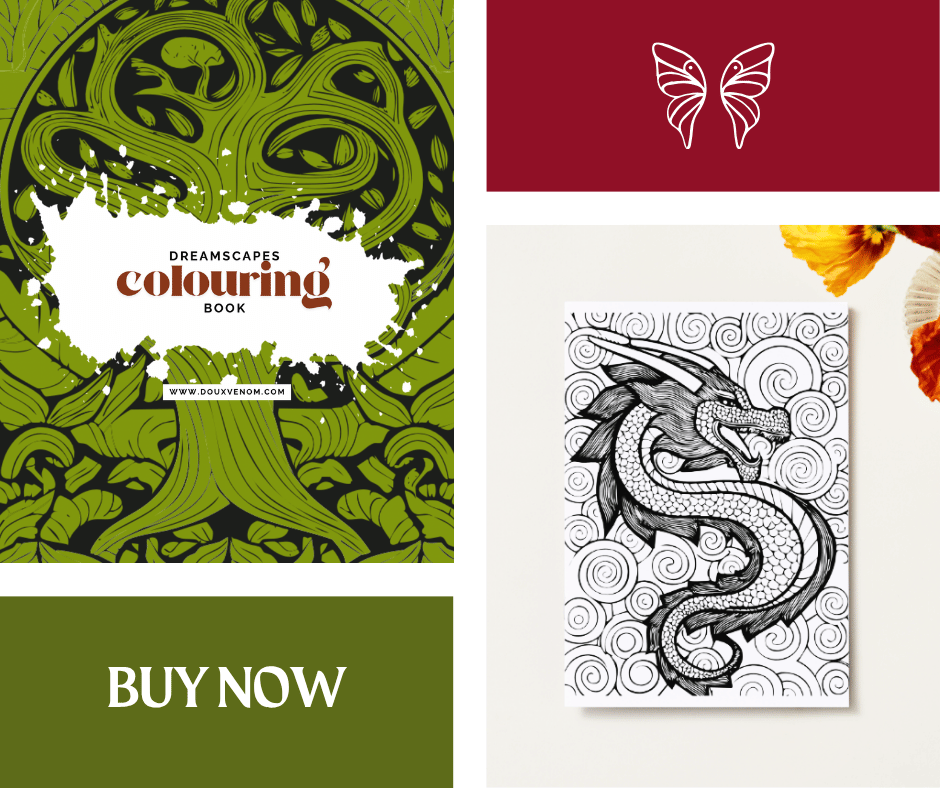 Dreamscapes colouring book cover featuring a stylised tree illustration in green and black.