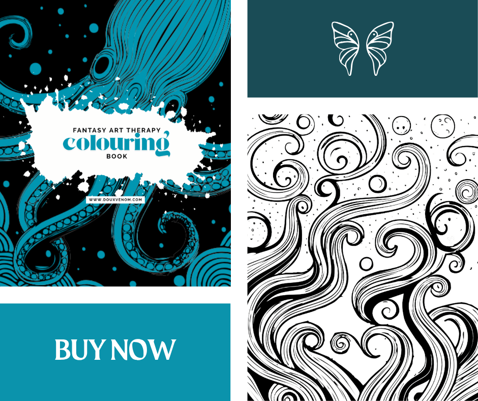 Fantasy Art Therapy colouring book cover displaying a vibrant blue octopus against a black background.