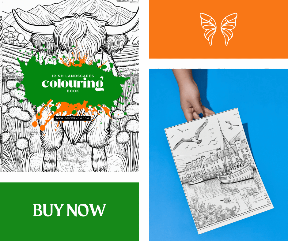 Irish Landscapes colouring book cover with a Highland cow and scenic rural illustration.