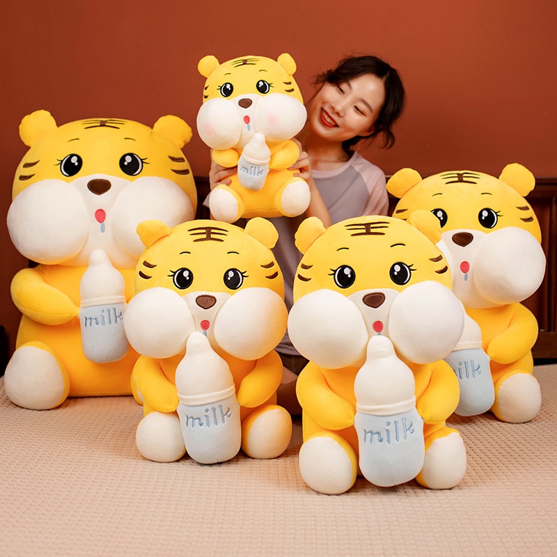 Jual boneka baby harimau kuning gemuk memegang botol susu lucu mainan