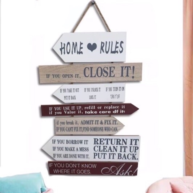 Home rules wooden wall decor size: 60x30cm