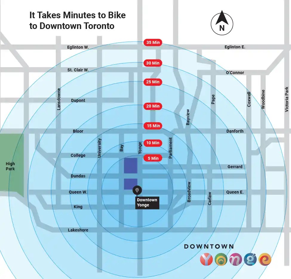 Getting Here Downtown Yonge BIA 20240314 Bike Times Map.webp