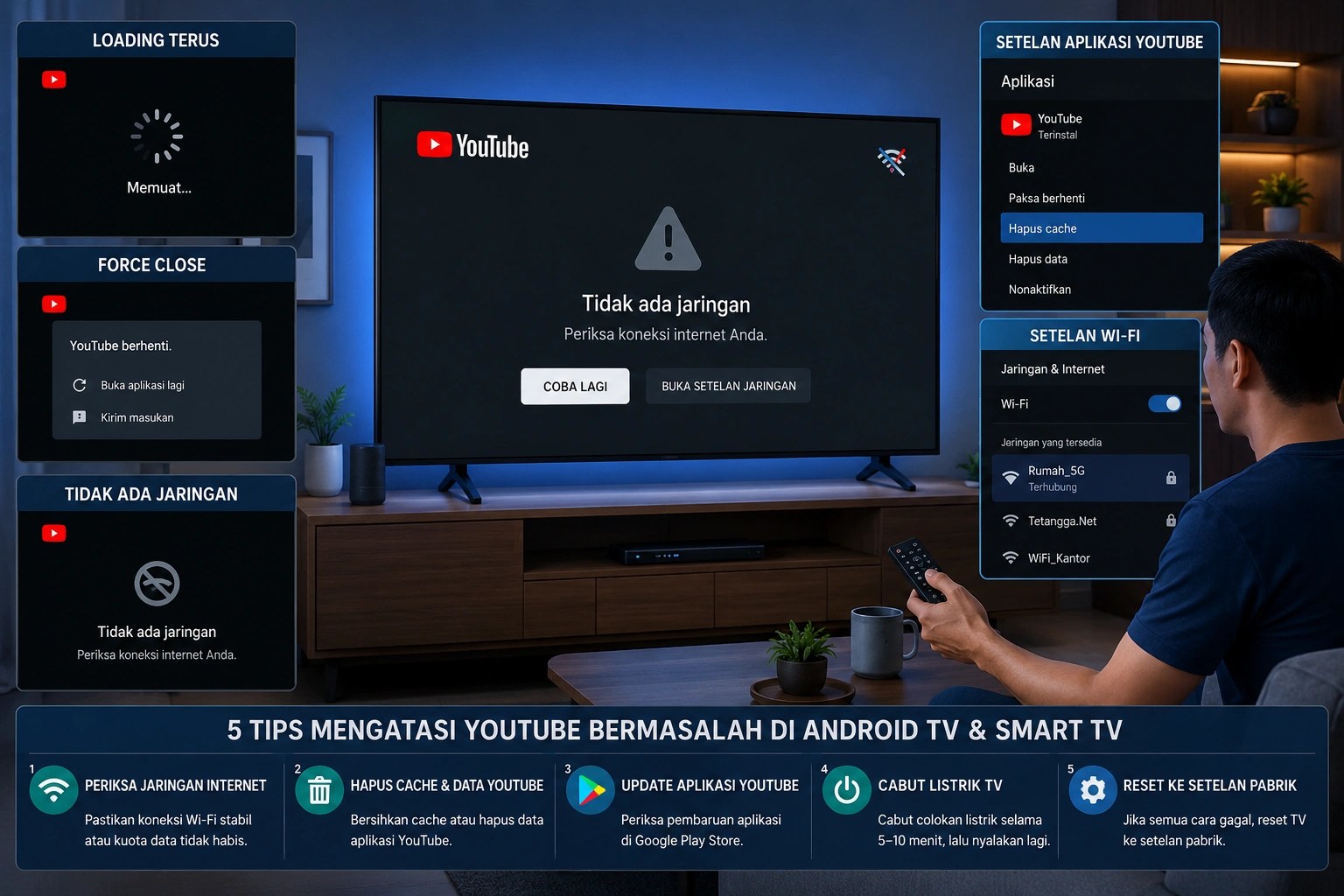 Tampilan YouTube error di Android TV saat mengalami masalah koneksi dan force close