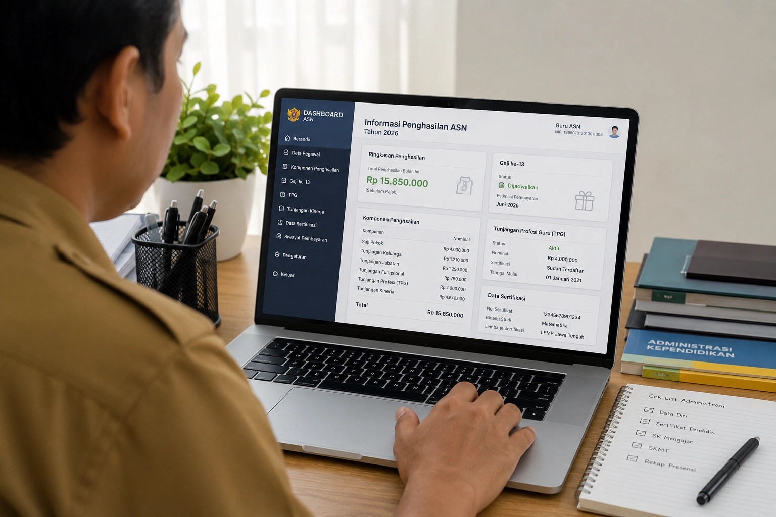 Guru ASN sedang mengecek informasi gaji ke-13 dan TPG 2026 di laptop