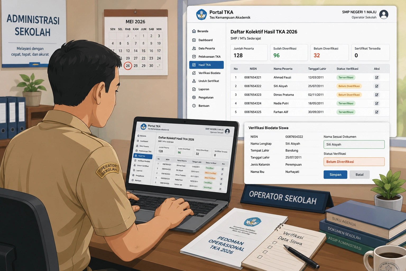 Operator sekolah sedang mengecek hasil TKA SD dan SMP 2026 melalui portal resmi pendidikan.