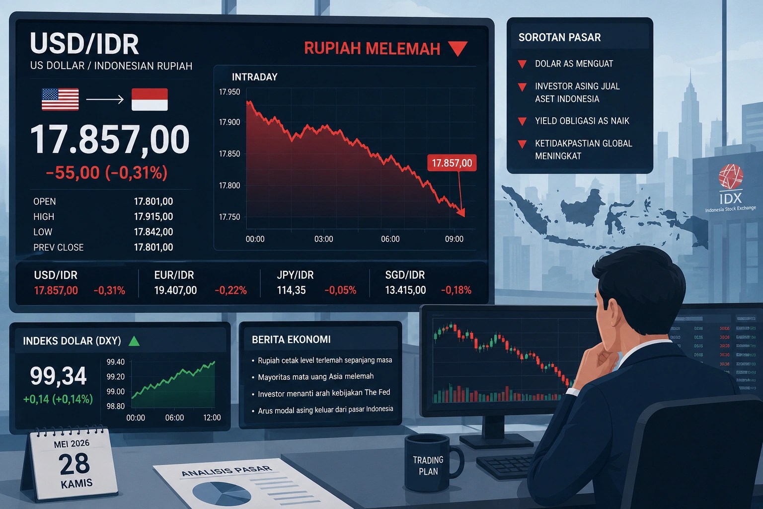 Ilustrasi layar perdagangan rupiah melemah terhadap dolar AS di pasar keuangan Indonesia
