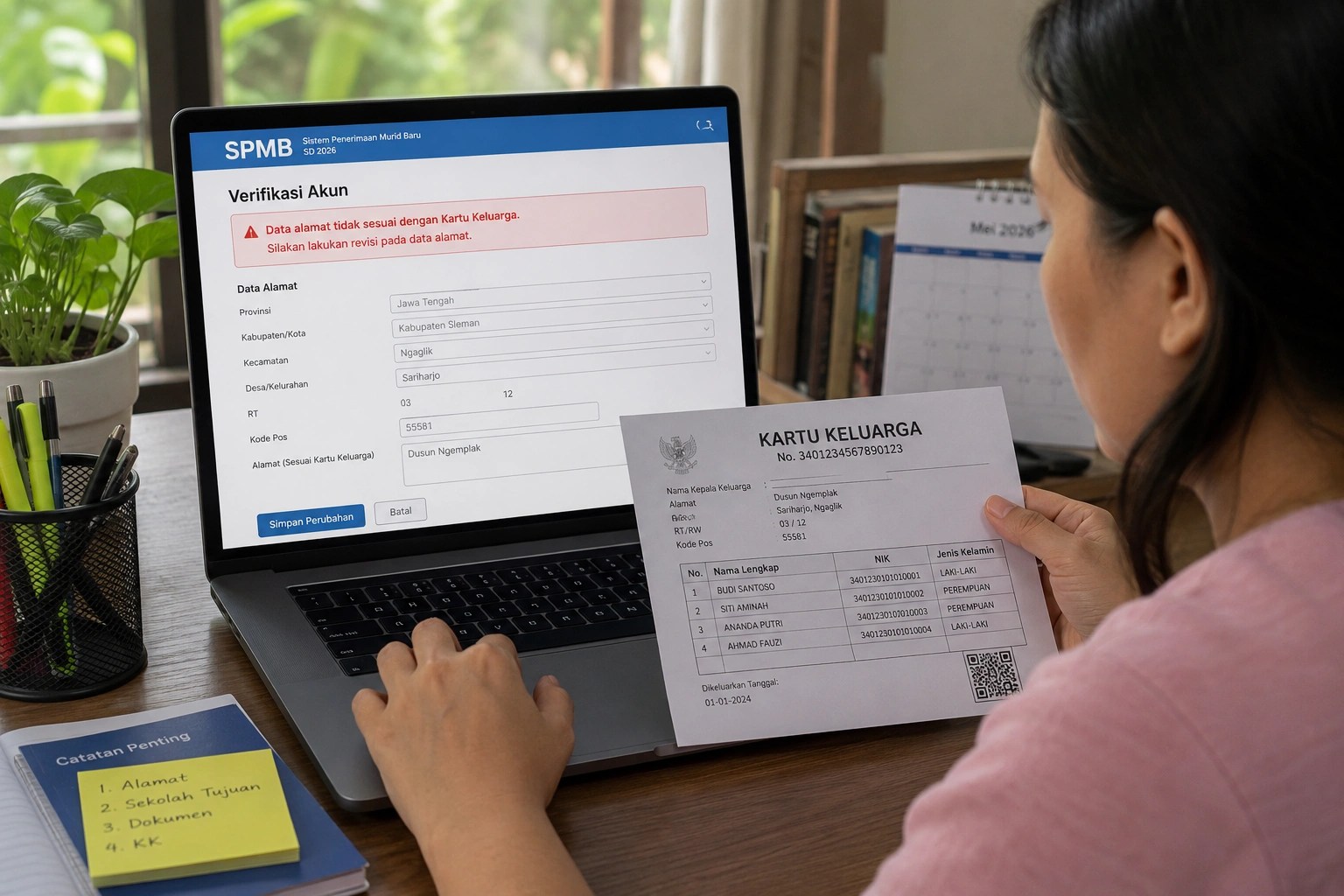 Orang tua murid sedang mengisi formulir alamat SPMB SD 2026 di laptop sambil memeriksa Kartu Keluarga.