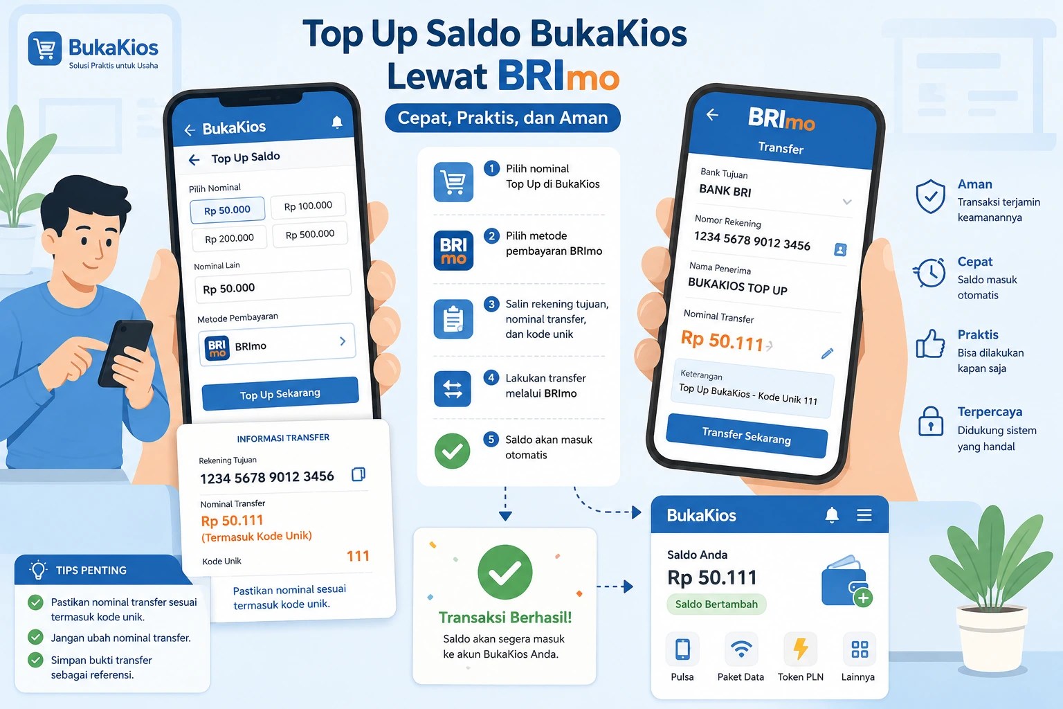 Pengguna sedang melakukan top up saldo BukaKios melalui aplikasi BRImo di smartphone