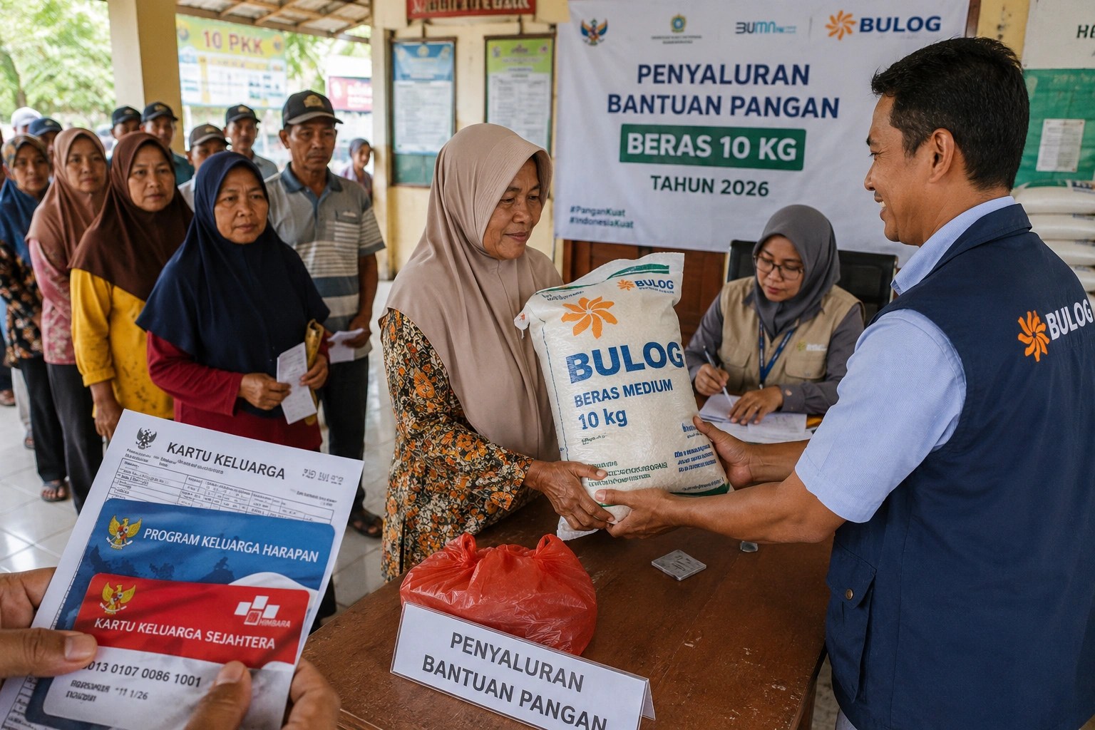 Keluarga penerima manfaat memegang beras bantuan pangan pemerintah tahun 2026.