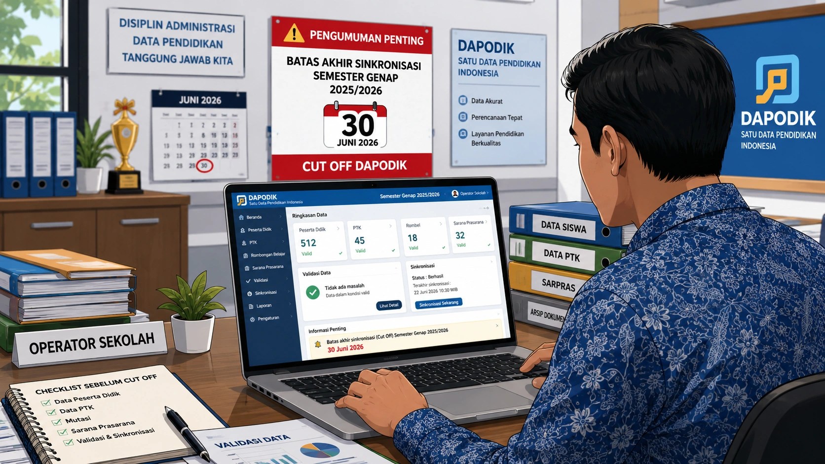 Operator sekolah sedang memeriksa data Dapodik sebelum cut off semester genap 2025/2026.